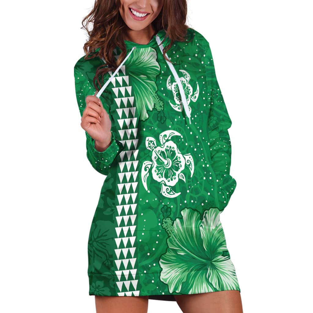 Green Hibiscus Turle Hoodie Dress Hawaiian Style Tribal Tapa Pattern