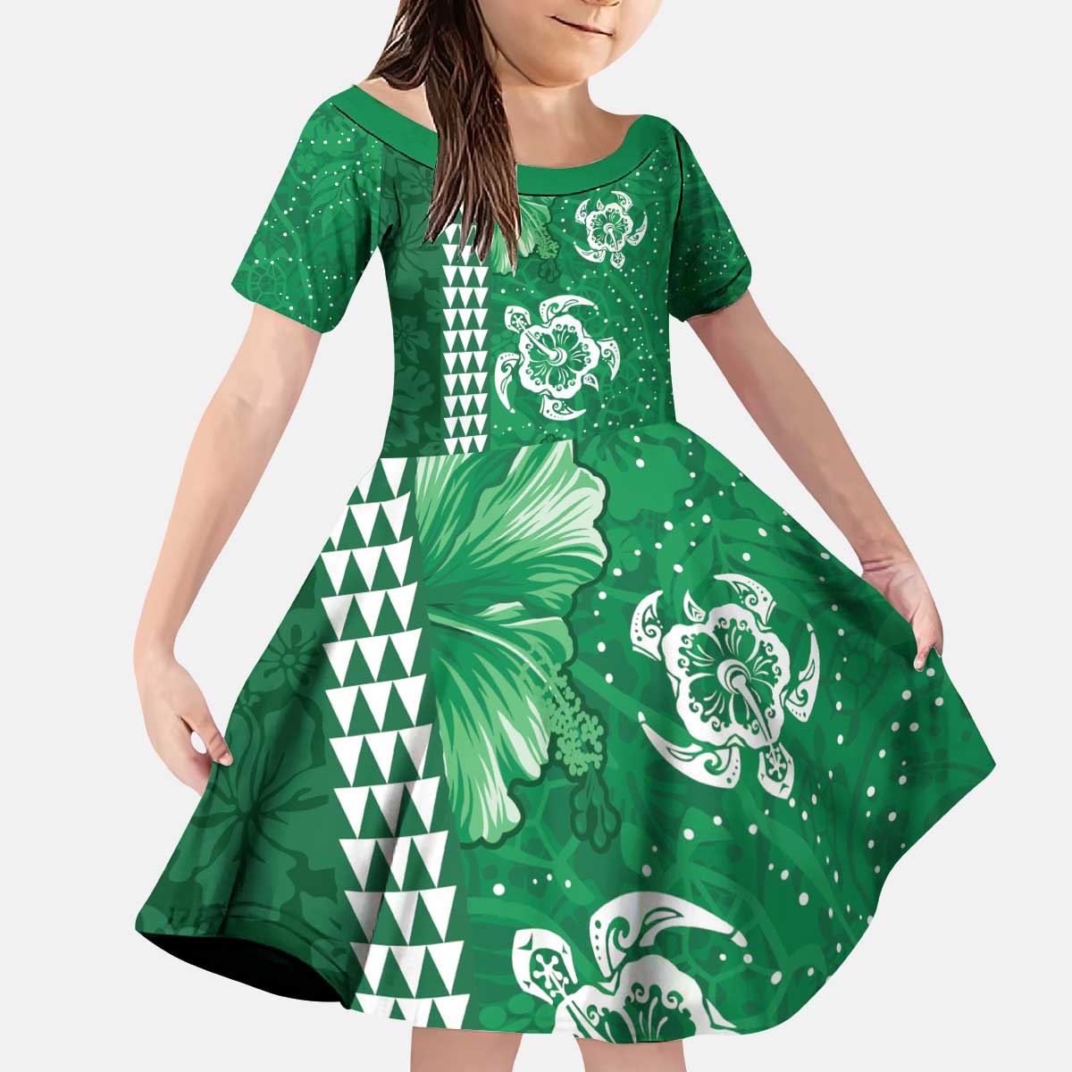 Green Hibiscus Turle Kid Short Sleeve Dress Hawaiian Style Tribal Tapa Pattern LT9 KID Green - Polynesian Pride