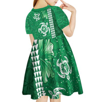 Green Hibiscus Turle Kid Short Sleeve Dress Hawaiian Style Tribal Tapa Pattern LT9 - Polynesian Pride