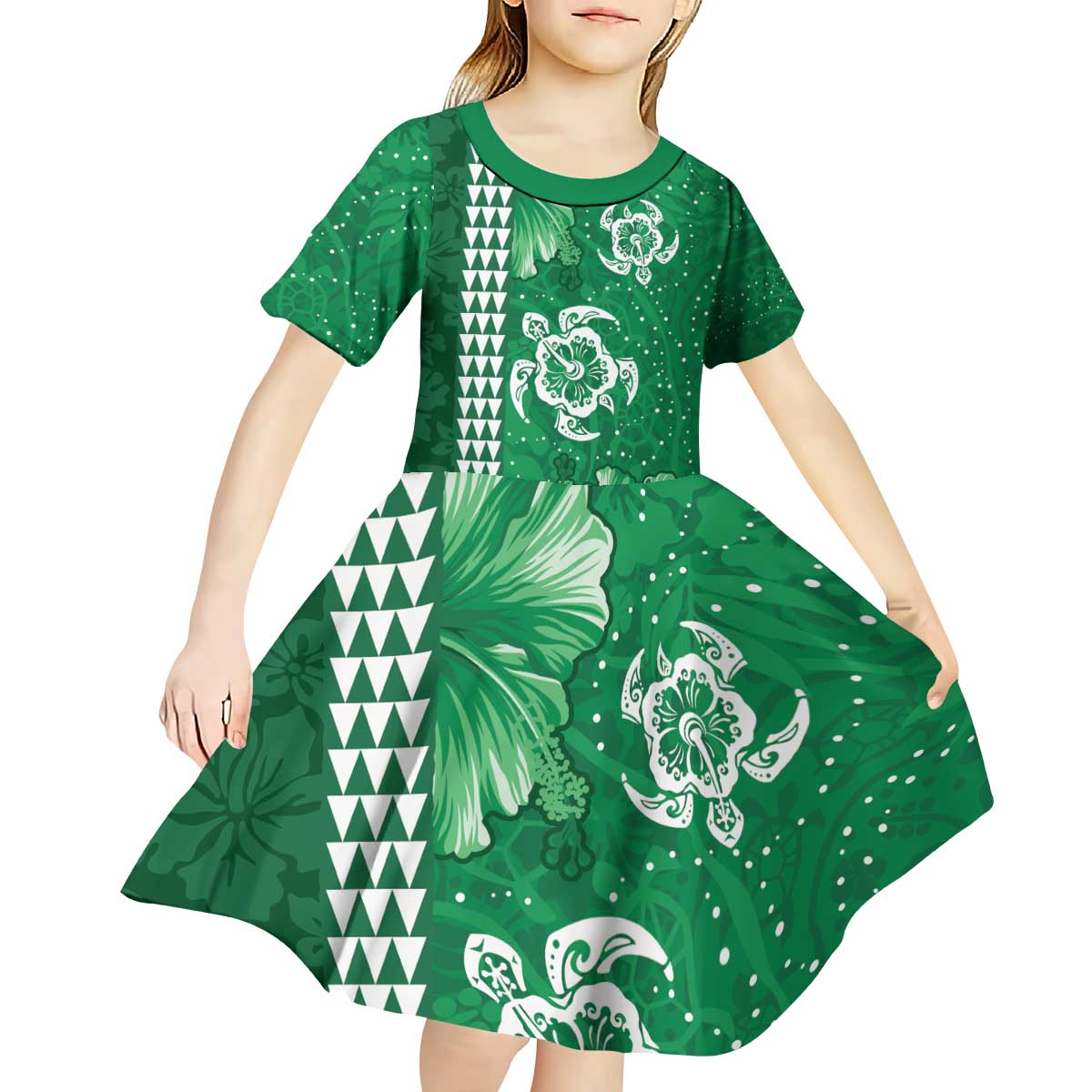 Green Hibiscus Turle Kid Short Sleeve Dress Hawaiian Style Tribal Tapa Pattern LT9 - Polynesian Pride
