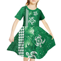 Green Hibiscus Turle Kid Short Sleeve Dress Hawaiian Style Tribal Tapa Pattern LT9 - Polynesian Pride