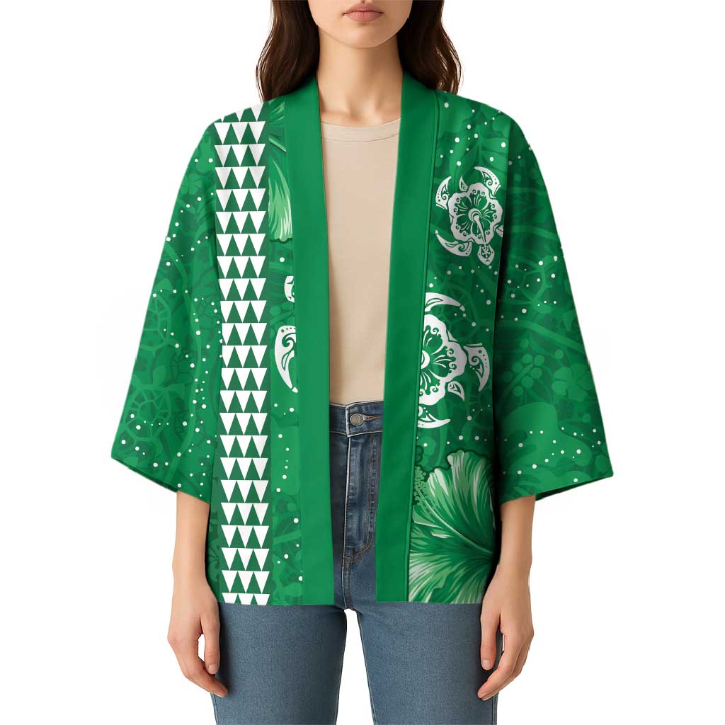 Green Hibiscus Turle Kimono Hawaiian Style Tribal Tapa Pattern - Polynesian Pride