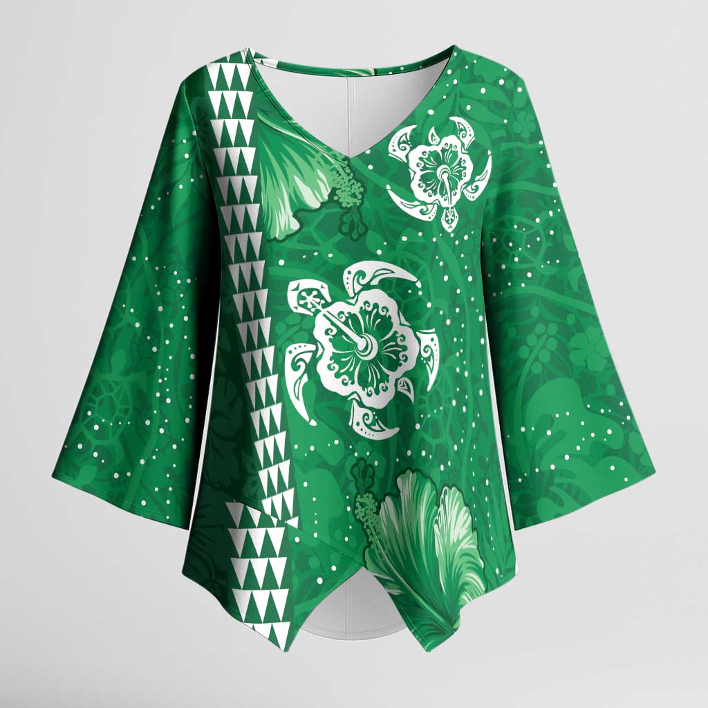 Green Hibiscus Turle Kimono Sleeve Blouse Hawaiian Style Tribal Tapa Pattern - Polynesian Pride