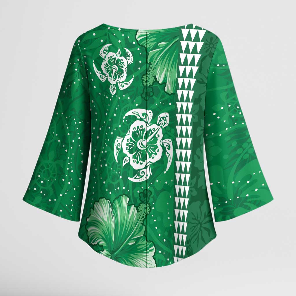 Green Hibiscus Turle Kimono Sleeve Blouse Hawaiian Style Tribal Tapa Pattern - Polynesian Pride