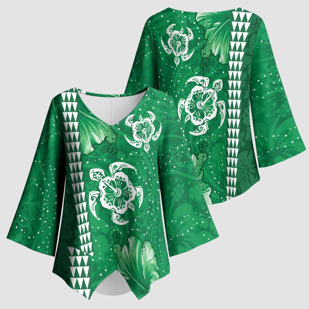 Green Hibiscus Turle Kimono Sleeve Blouse Hawaiian Style Tribal Tapa Pattern - Polynesian Pride
