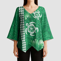 Green Hibiscus Turle Kimono Sleeve Blouse Hawaiian Style Tribal Tapa Pattern - Polynesian Pride