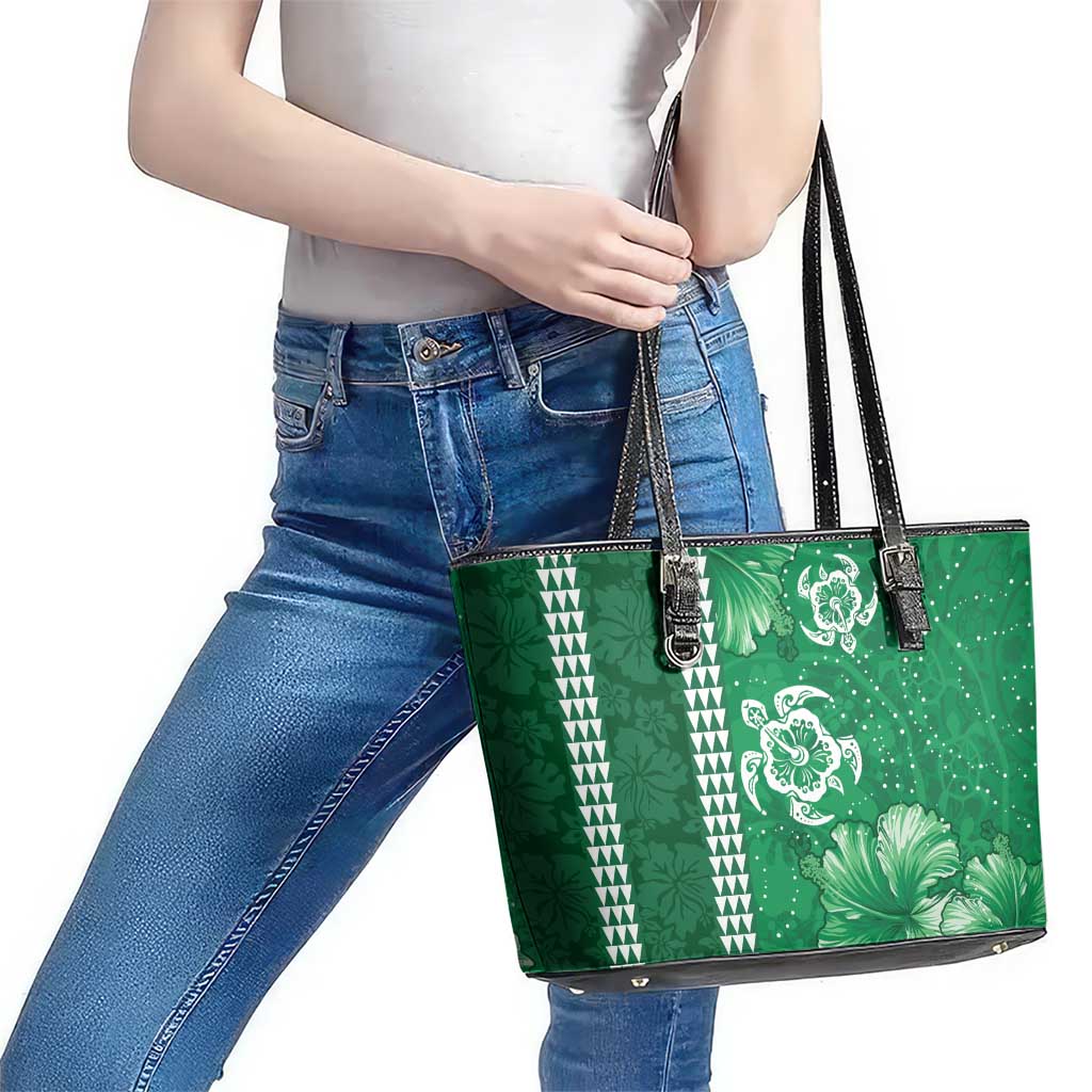 Green Hibiscus Turle Leather Tote Bag Hawaiian Style Tribal Tapa Pattern