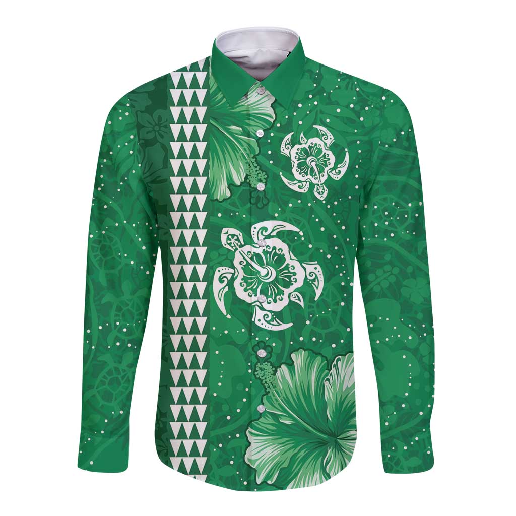 Green Hibiscus Turle Long Sleeve Button Shirt Hawaiian Style Tribal Tapa Pattern LT9 Unisex Green - Polynesian Pride