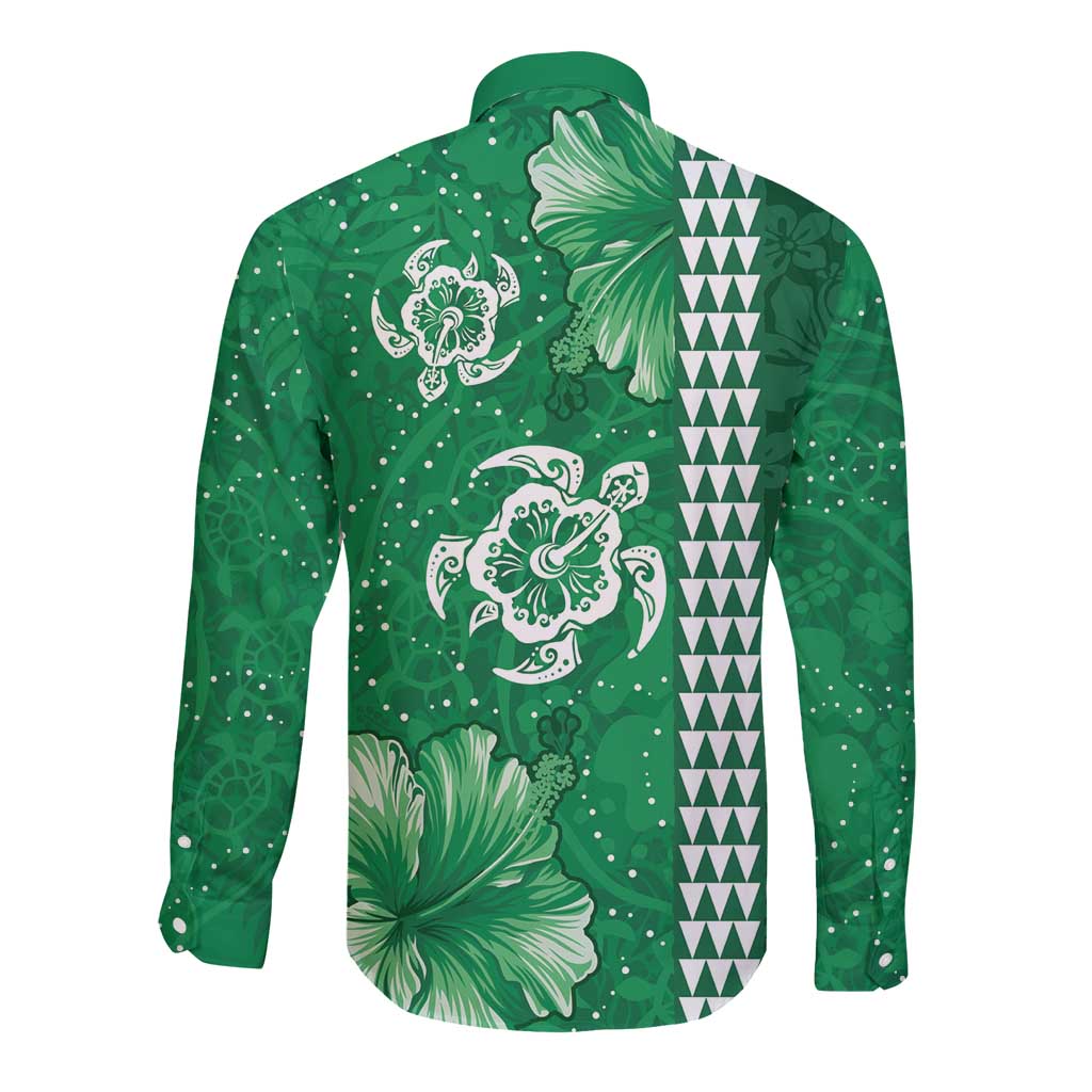 Green Hibiscus Turle Long Sleeve Button Shirt Hawaiian Style Tribal Tapa Pattern LT9 - Polynesian Pride