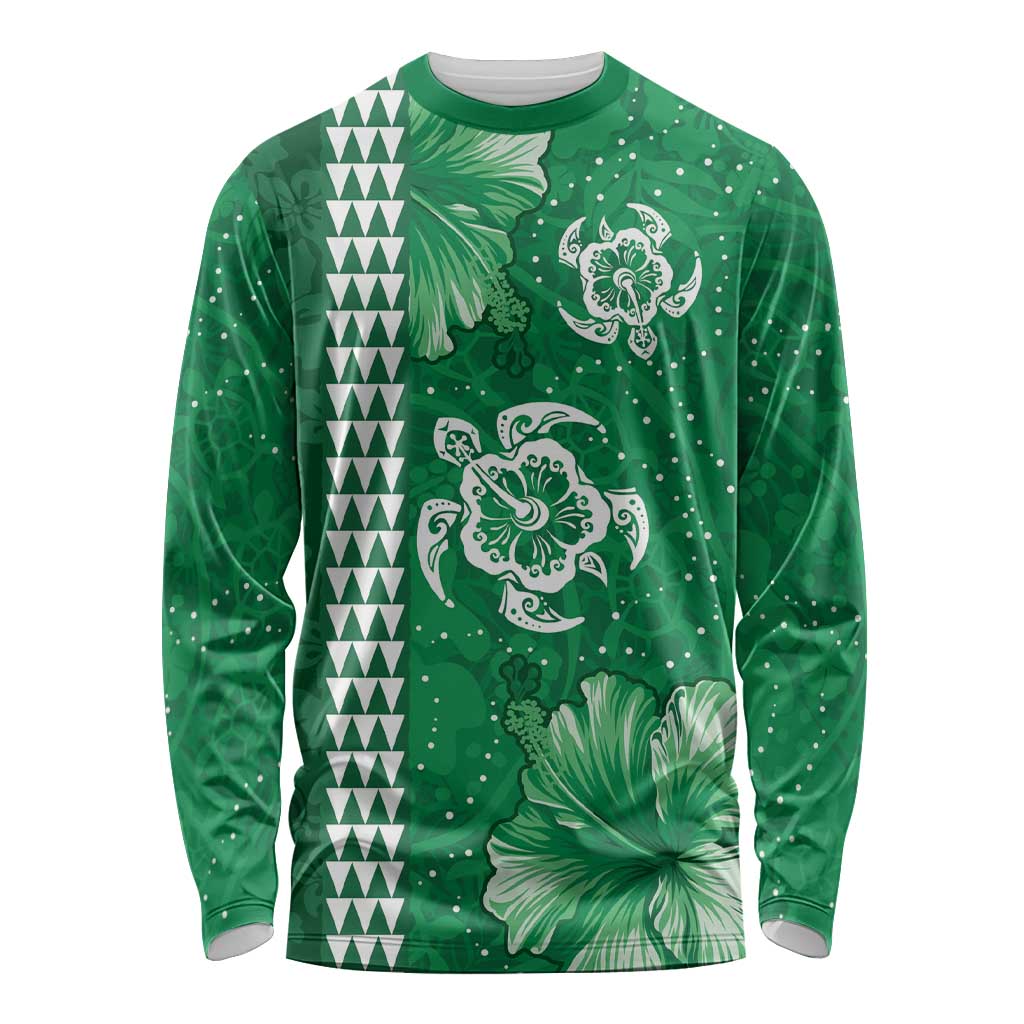 Green Hibiscus Turle Long Sleeve Shirt Hawaiian Style Tribal Tapa Pattern LT9 Unisex Green - Polynesian Pride