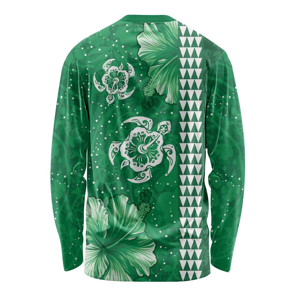 Green Hibiscus Turle Long Sleeve Shirt Hawaiian Style Tribal Tapa Pattern LT9 - Polynesian Pride