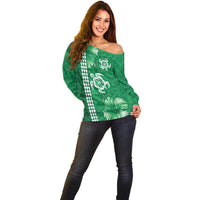 Green Hibiscus Turle Off Shoulder Sweater Hawaiian Style Tribal Tapa Pattern