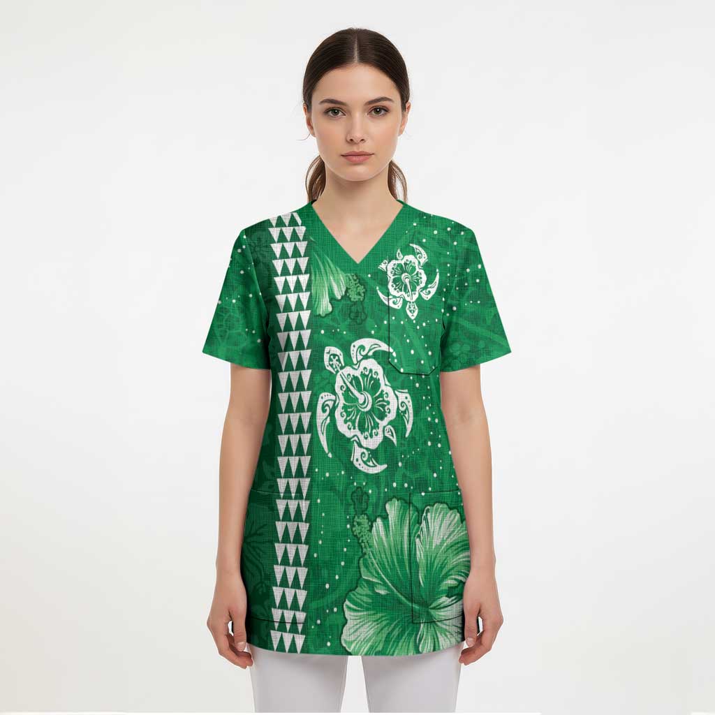 Green Hibiscus Turle Scrub Top Hawaiian Style Tribal Tapa Pattern - Polynesian Pride