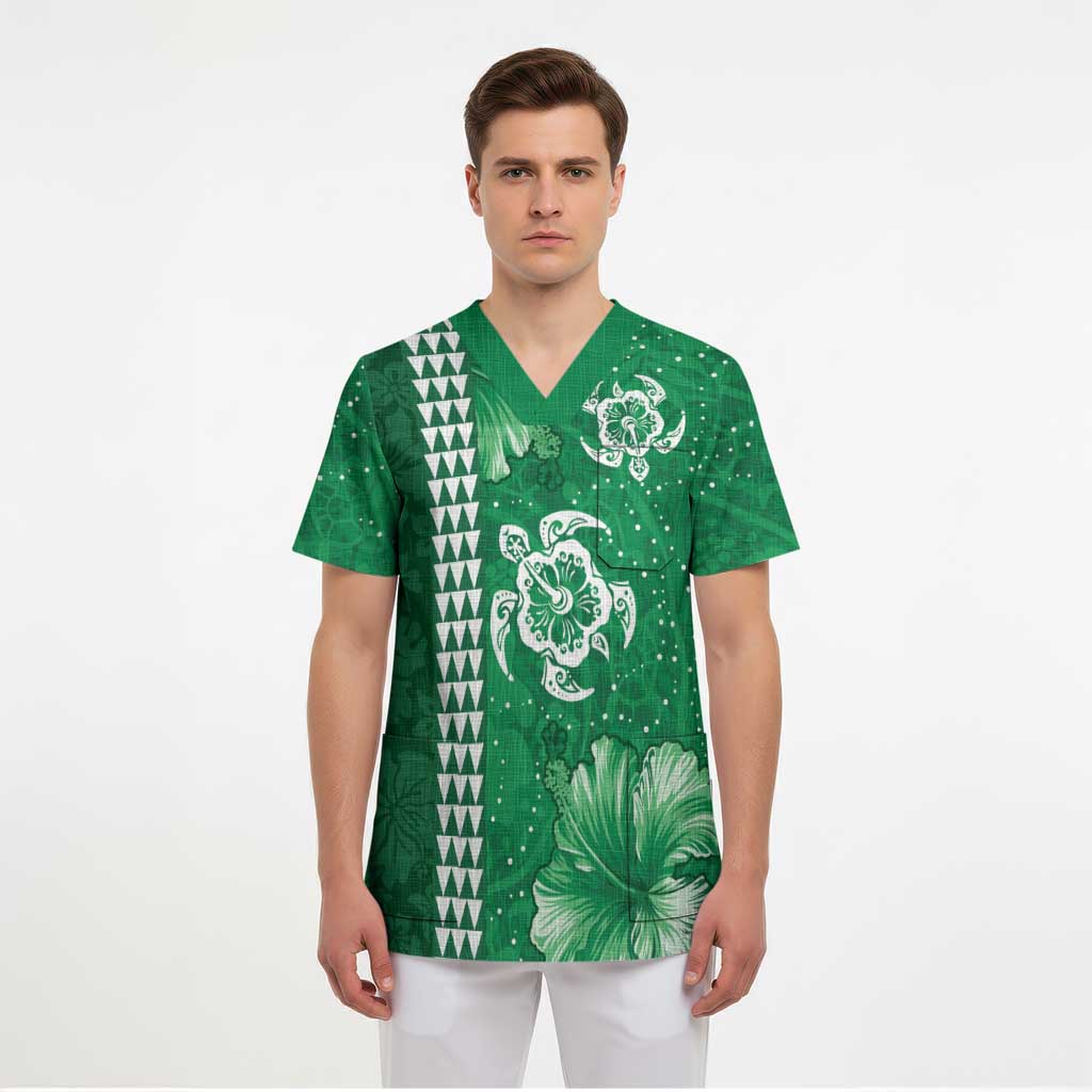 Green Hibiscus Turle Scrub Top Hawaiian Style Tribal Tapa Pattern - Polynesian Pride