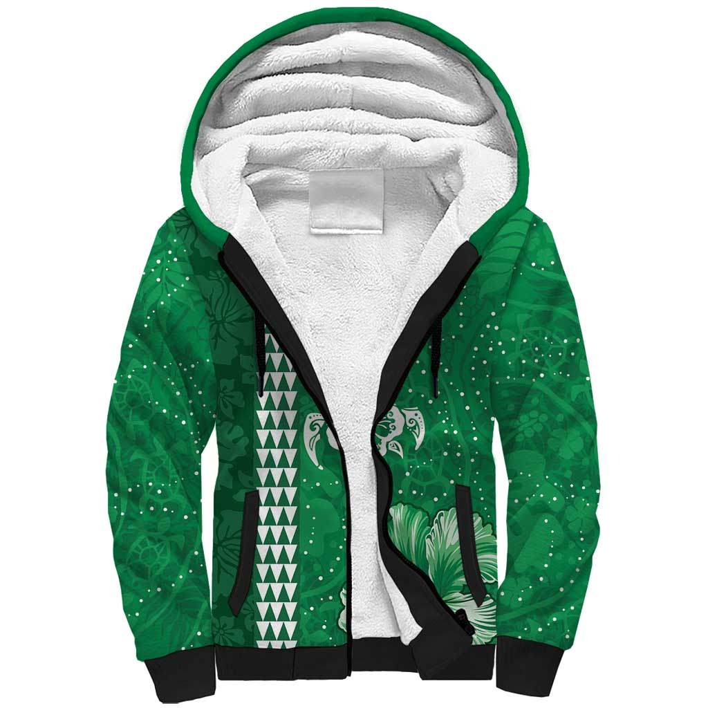 Green Hibiscus Turle Sherpa Hoodie Hawaiian Style Tribal Tapa Pattern LT9 Unisex Green - Polynesian Pride