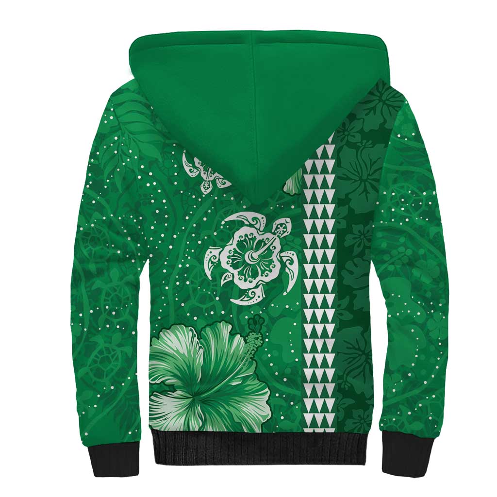 Green Hibiscus Turle Sherpa Hoodie Hawaiian Style Tribal Tapa Pattern LT9 - Polynesian Pride