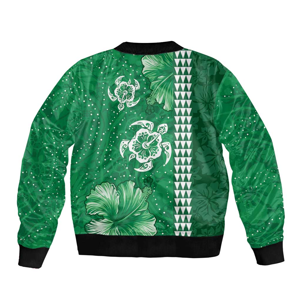 Green Hibiscus Turle Sleeve Zip Bomber Jacket Hawaiian Style Tribal Tapa Pattern