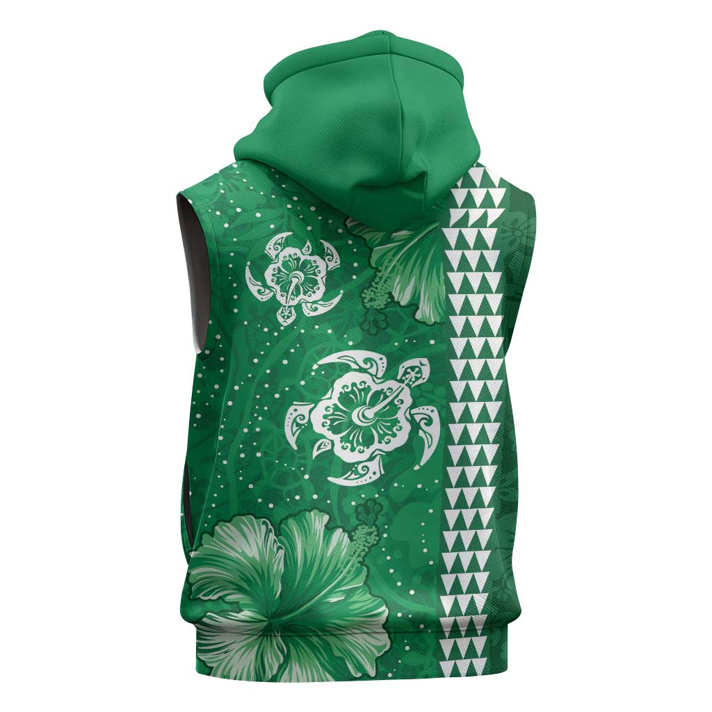 Green Hibiscus Turle Sleeveless Hoodie Hawaiian Style Tribal Tapa Pattern - Polynesian Pride