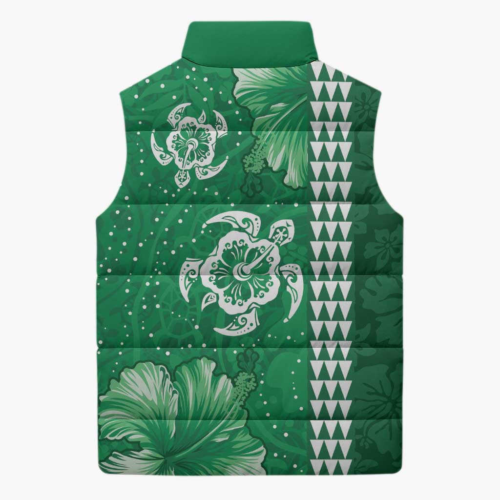 Green Hibiscus Turle Sleeveless Puffer Jacket Hawaiian Style Tribal Tapa Pattern - Polynesian Pride