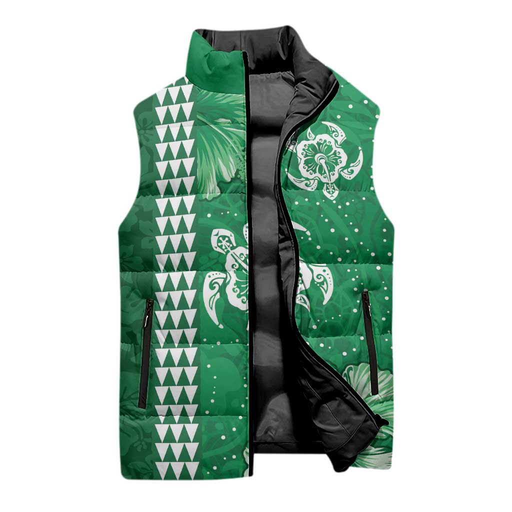 Green Hibiscus Turle Sleeveless Puffer Jacket Hawaiian Style Tribal Tapa Pattern - Polynesian Pride