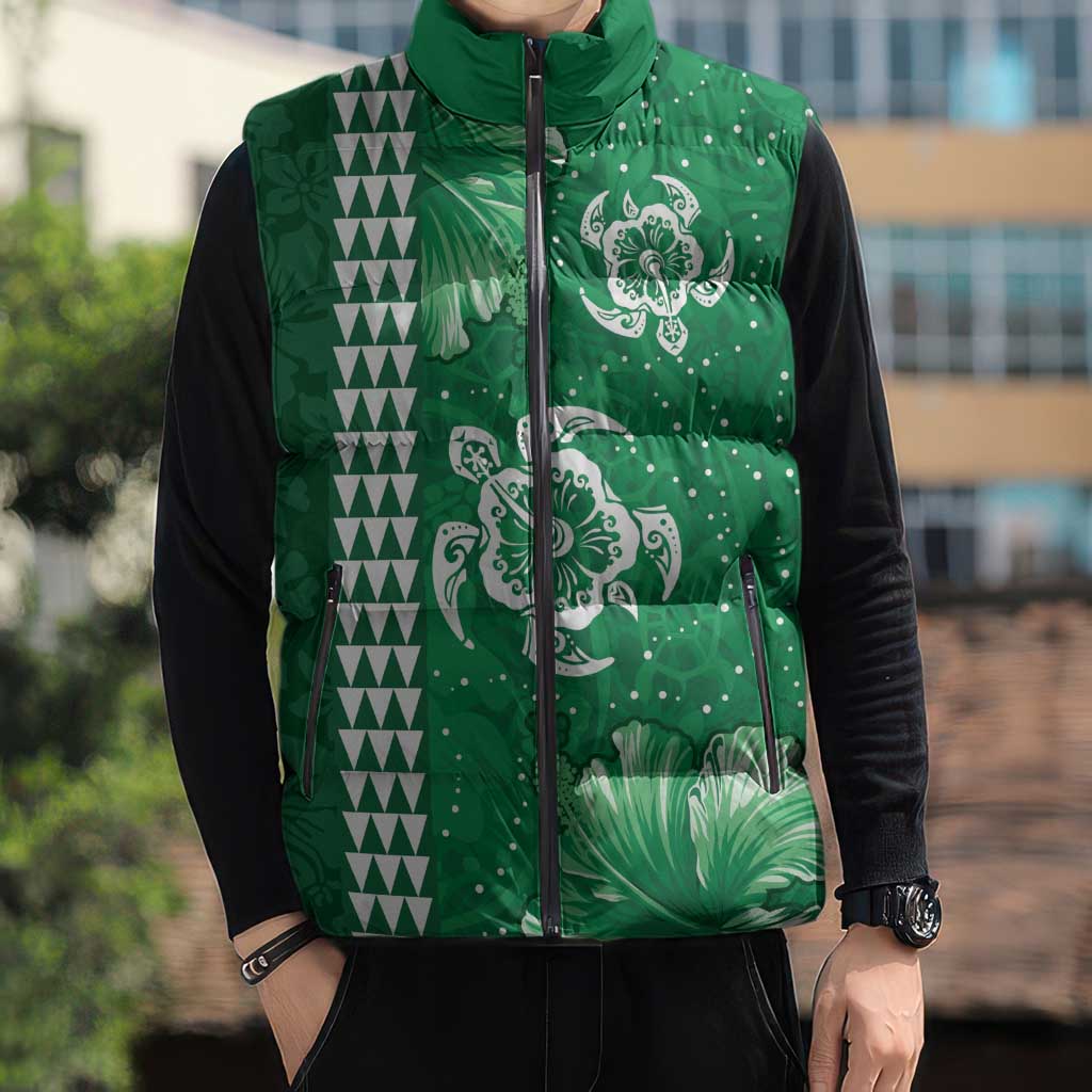 Green Hibiscus Turle Sleeveless Puffer Jacket Hawaiian Style Tribal Tapa Pattern - Polynesian Pride