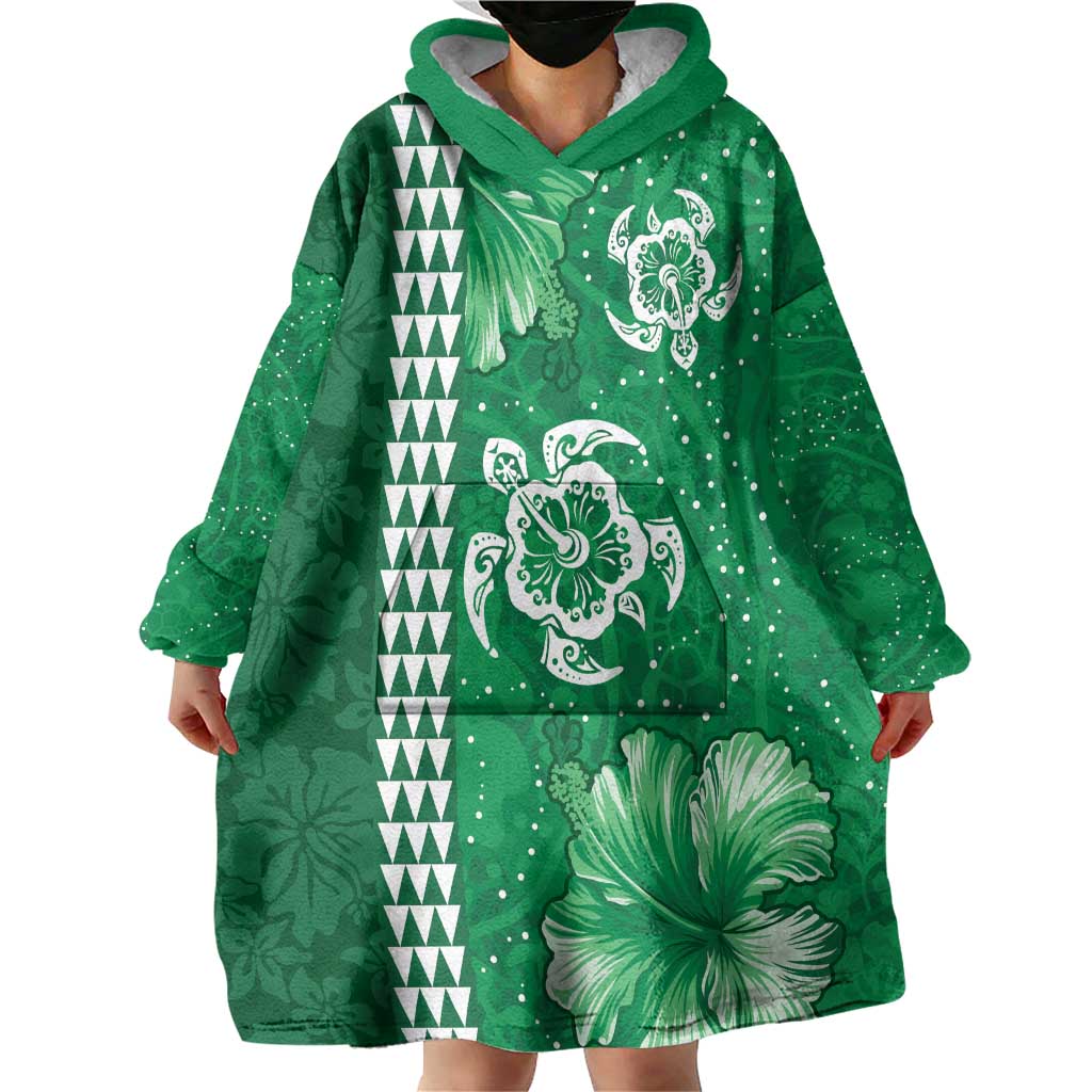 Green Hibiscus Turle Wearable Blanket Hoodie Hawaiian Style Tribal Tapa Pattern LT9 - Polynesian Pride