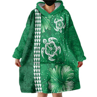 Green Hibiscus Turle Wearable Blanket Hoodie Hawaiian Style Tribal Tapa Pattern LT9 - Polynesian Pride