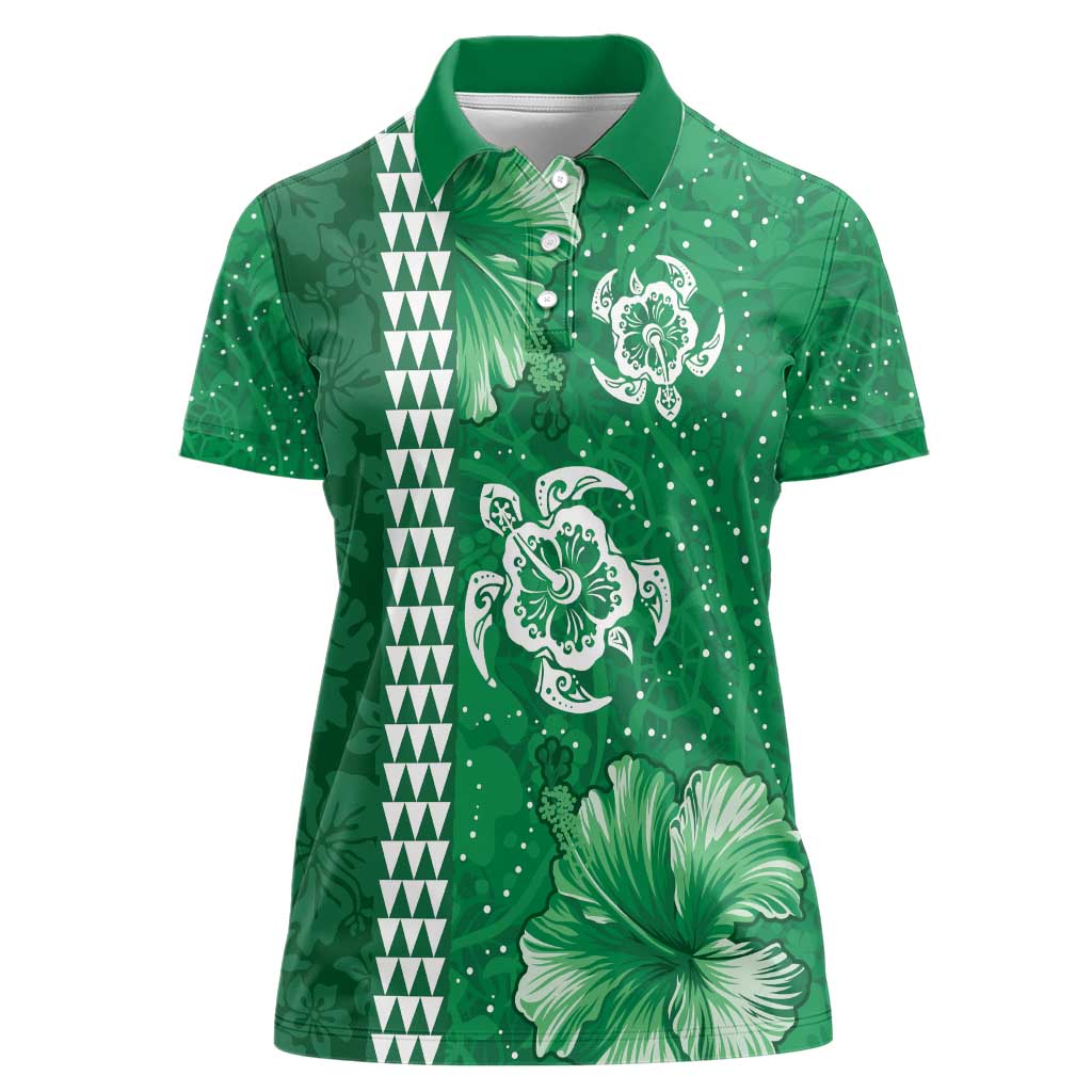Green Hibiscus Turle Women Polo Shirt Hawaiian Style Tribal Tapa Pattern