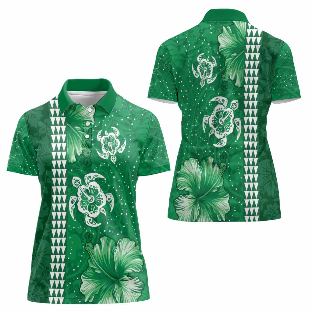 Green Hibiscus Turle Women Polo Shirt Hawaiian Style Tribal Tapa Pattern