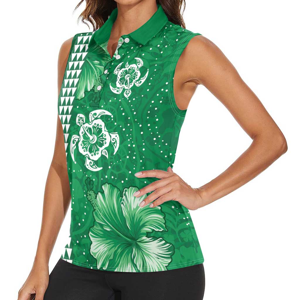 Green Hibiscus Turle Women Sleeveless Polo Shirt Hawaiian Style Tribal Tapa Pattern