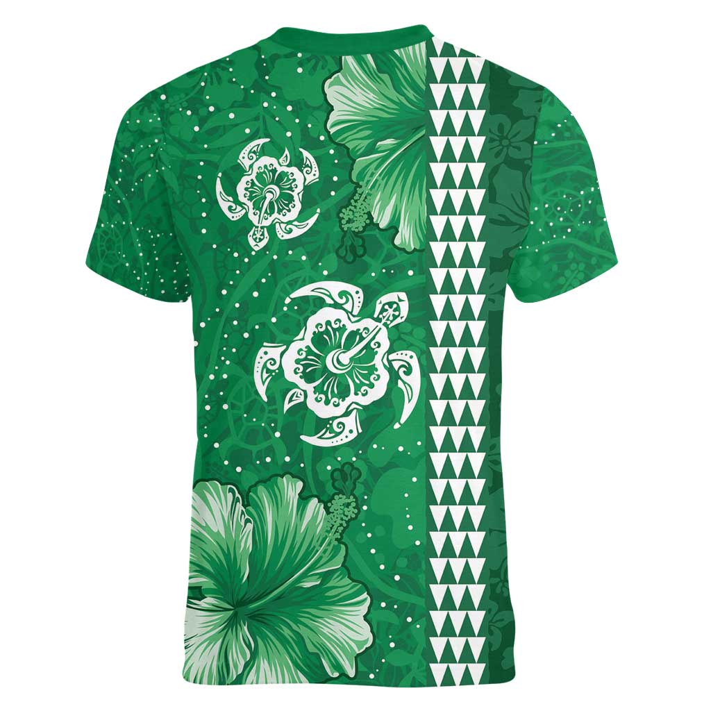 Green Hibiscus Turle Women V-Neck T-Shirt Hawaiian Style Tribal Tapa Pattern
