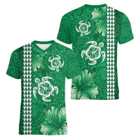 Green Hibiscus Turle Women V-Neck T-Shirt Hawaiian Style Tribal Tapa Pattern
