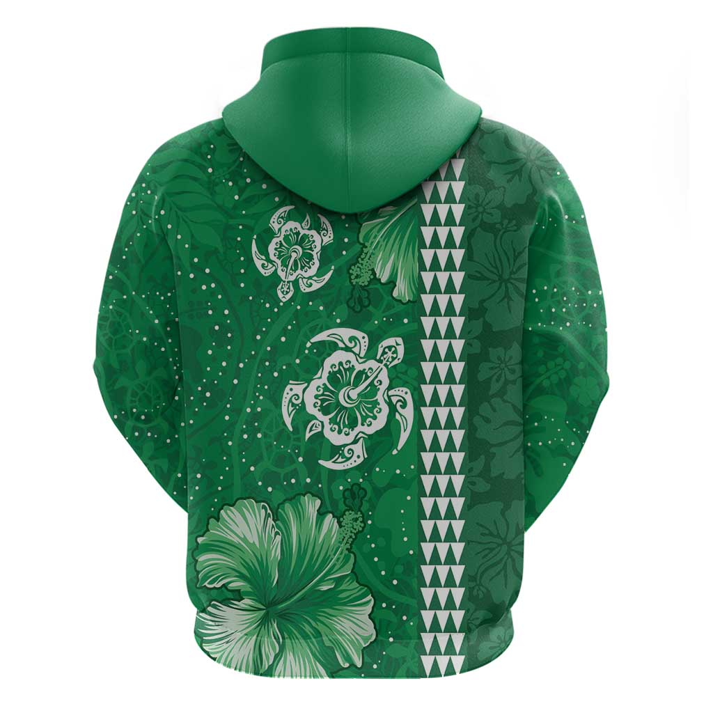 Green Hibiscus Turle Zip Hoodie Hawaiian Style Tribal Tapa Pattern