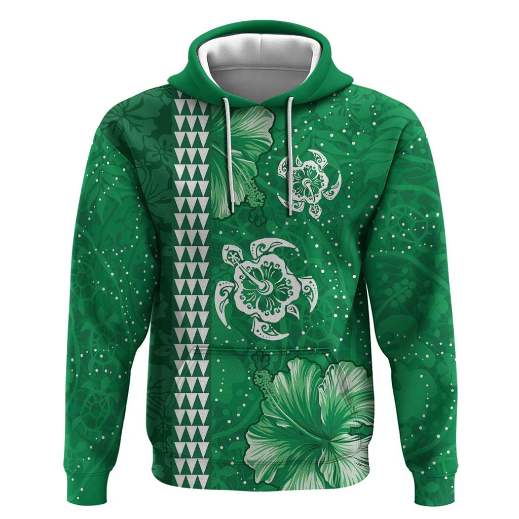 Green Hibiscus Turle Zip Hoodie Hawaiian Style Tribal Tapa Pattern