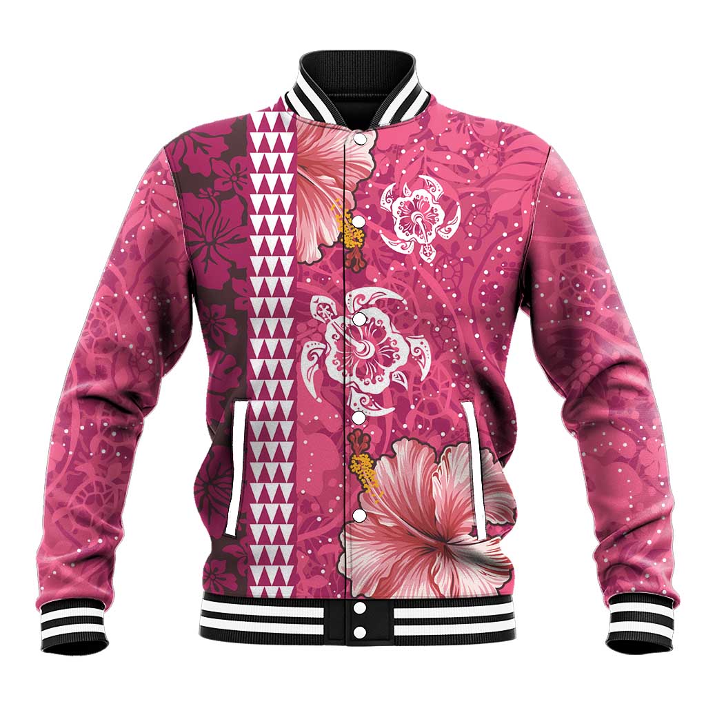 Pink Hibiscus Turle Baseball Jacket Hawaiian Style Tribal Tapa Pattern
