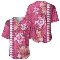 Pink Hibiscus Turle Baseball Jersey Hawaiian Style Tribal Tapa Pattern