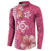 Pink Hibiscus Turle Button Sweatshirt Hawaiian Style Tribal Tapa Pattern