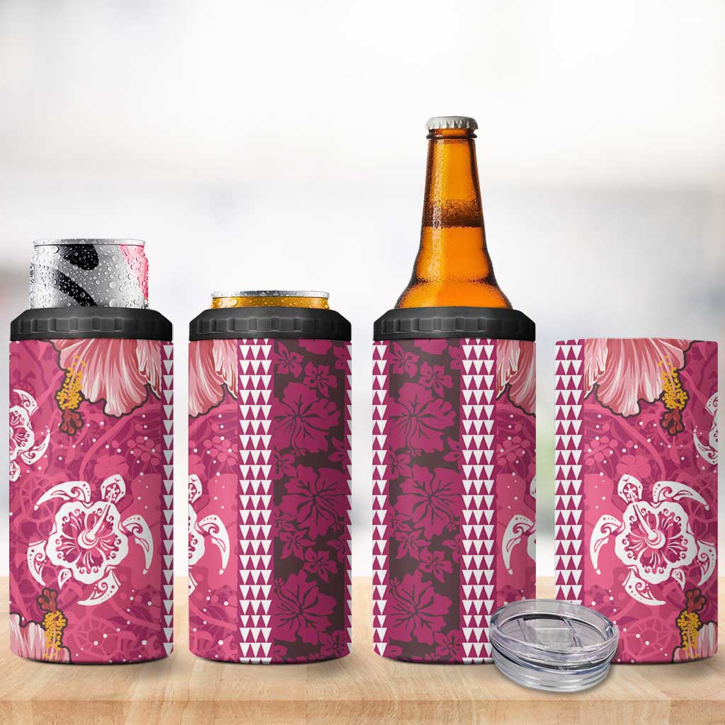Pink Hibiscus Turle 4 in 1 Can Cooler Tumbler Hawaiian Style Tribal Tapa Pattern