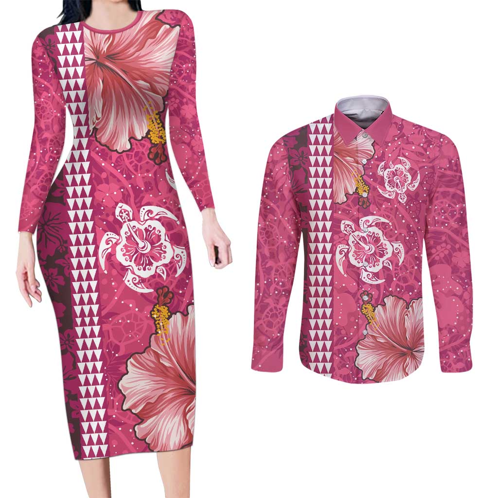 Pink Hibiscus Turle Couples Matching Long Sleeve Bodycon Dress and Long Sleeve Button Shirt Hawaiian Style Tribal Tapa Pattern