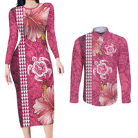 Pink Hibiscus Turle Couples Matching Long Sleeve Bodycon Dress and Long Sleeve Button Shirt Hawaiian Style Tribal Tapa Pattern