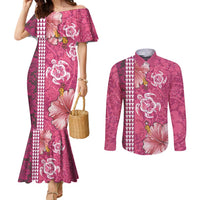 Pink Hibiscus Turle Couples Matching Mermaid Dress and Long Sleeve Button Shirt Hawaiian Style Tribal Tapa Pattern