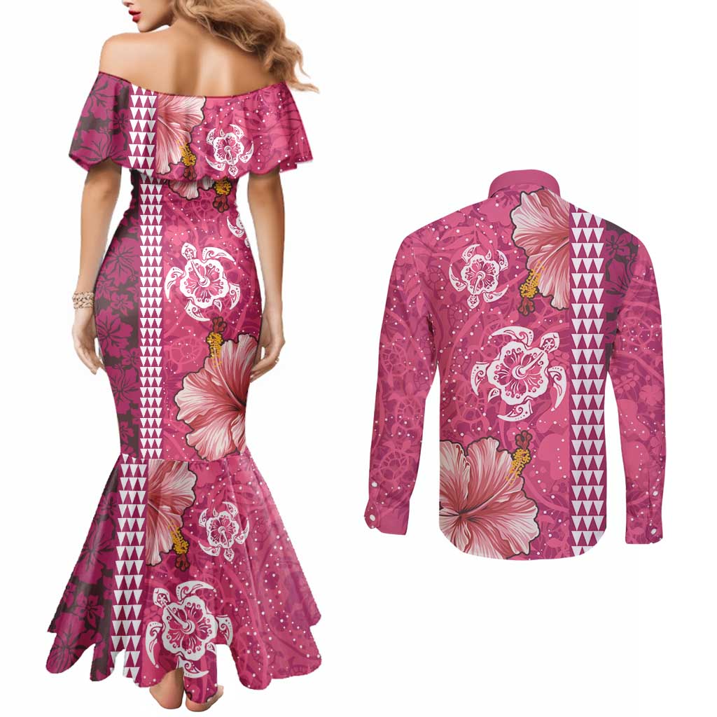 Pink Hibiscus Turle Couples Matching Mermaid Dress and Long Sleeve Button Shirt Hawaiian Style Tribal Tapa Pattern
