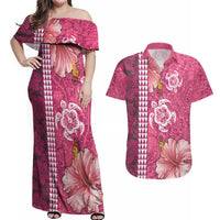 Pink Hibiscus Turle Couples Matching Off Shoulder Maxi Dress and Hawaiian Shirt Hawaiian Style Tribal Tapa Pattern