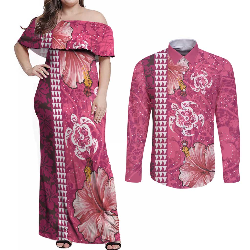 Pink Hibiscus Turle Couples Matching Off Shoulder Maxi Dress and Long Sleeve Button Shirt Hawaiian Style Tribal Tapa Pattern
