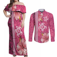 Pink Hibiscus Turle Couples Matching Off Shoulder Maxi Dress and Long Sleeve Button Shirt Hawaiian Style Tribal Tapa Pattern