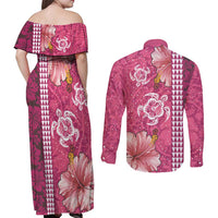Pink Hibiscus Turle Couples Matching Off Shoulder Maxi Dress and Long Sleeve Button Shirt Hawaiian Style Tribal Tapa Pattern