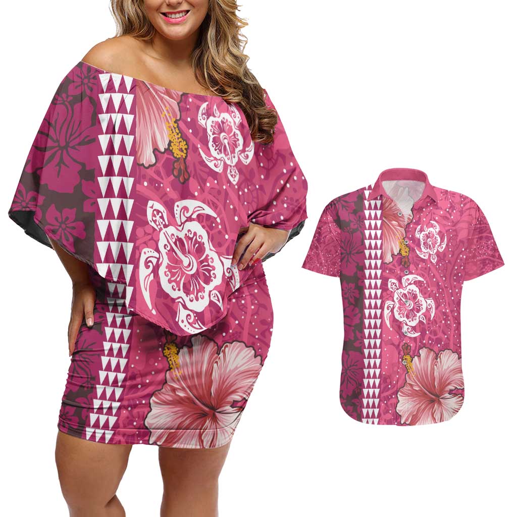 Pink Hibiscus Turle Couples Matching Off Shoulder Short Dress and Hawaiian Shirt Hawaiian Style Tribal Tapa Pattern