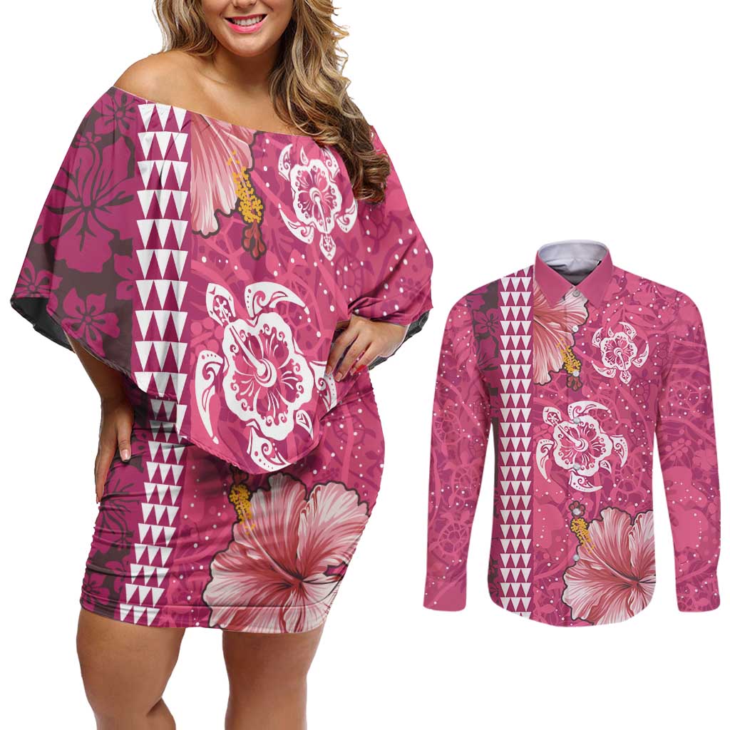 Pink Hibiscus Turle Couples Matching Off Shoulder Short Dress and Long Sleeve Button Shirt Hawaiian Style Tribal Tapa Pattern