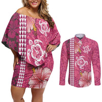 Pink Hibiscus Turle Couples Matching Off Shoulder Short Dress and Long Sleeve Button Shirt Hawaiian Style Tribal Tapa Pattern