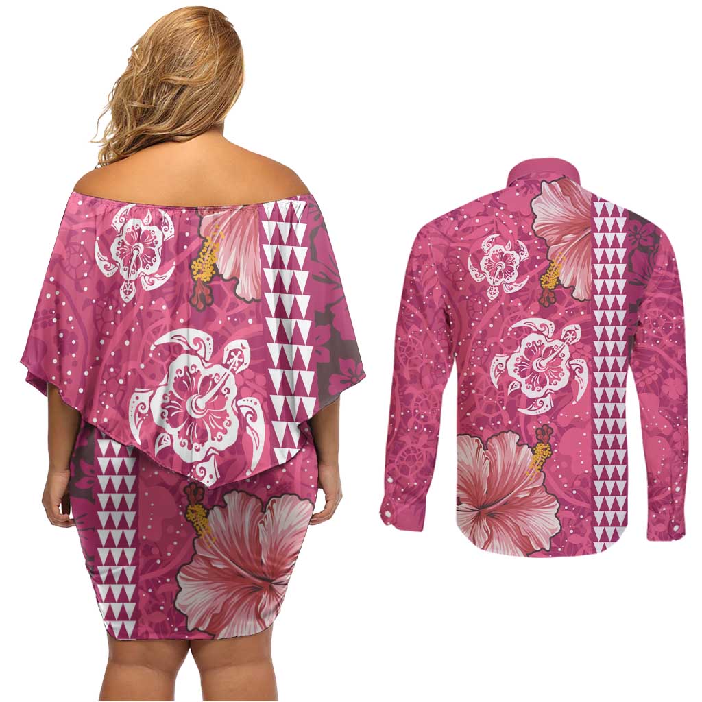 Pink Hibiscus Turle Couples Matching Off Shoulder Short Dress and Long Sleeve Button Shirt Hawaiian Style Tribal Tapa Pattern